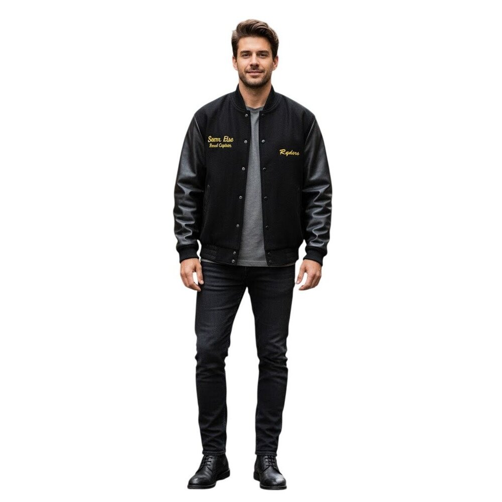 Varsity Letterman Aviator Bomber Jacket XL Black Leather Wool Embroidered Racing